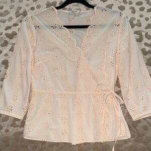 NWOT Madewell Light Peach Eyelet Wrap Top with Scalloped Neckline
